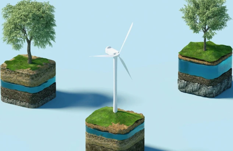 A digital illustration of a wind turbine planted among trees