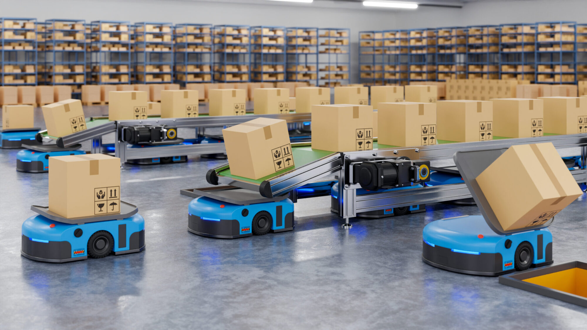 Robots efficiently sorting hundreds of parcels per hour in a warehouse